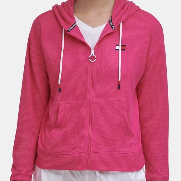 Tommy Hilfiger Jackets & Blazers - Tommy Hilfiger, pink long sleeve waffle knit lightweight full zip hoodie medium